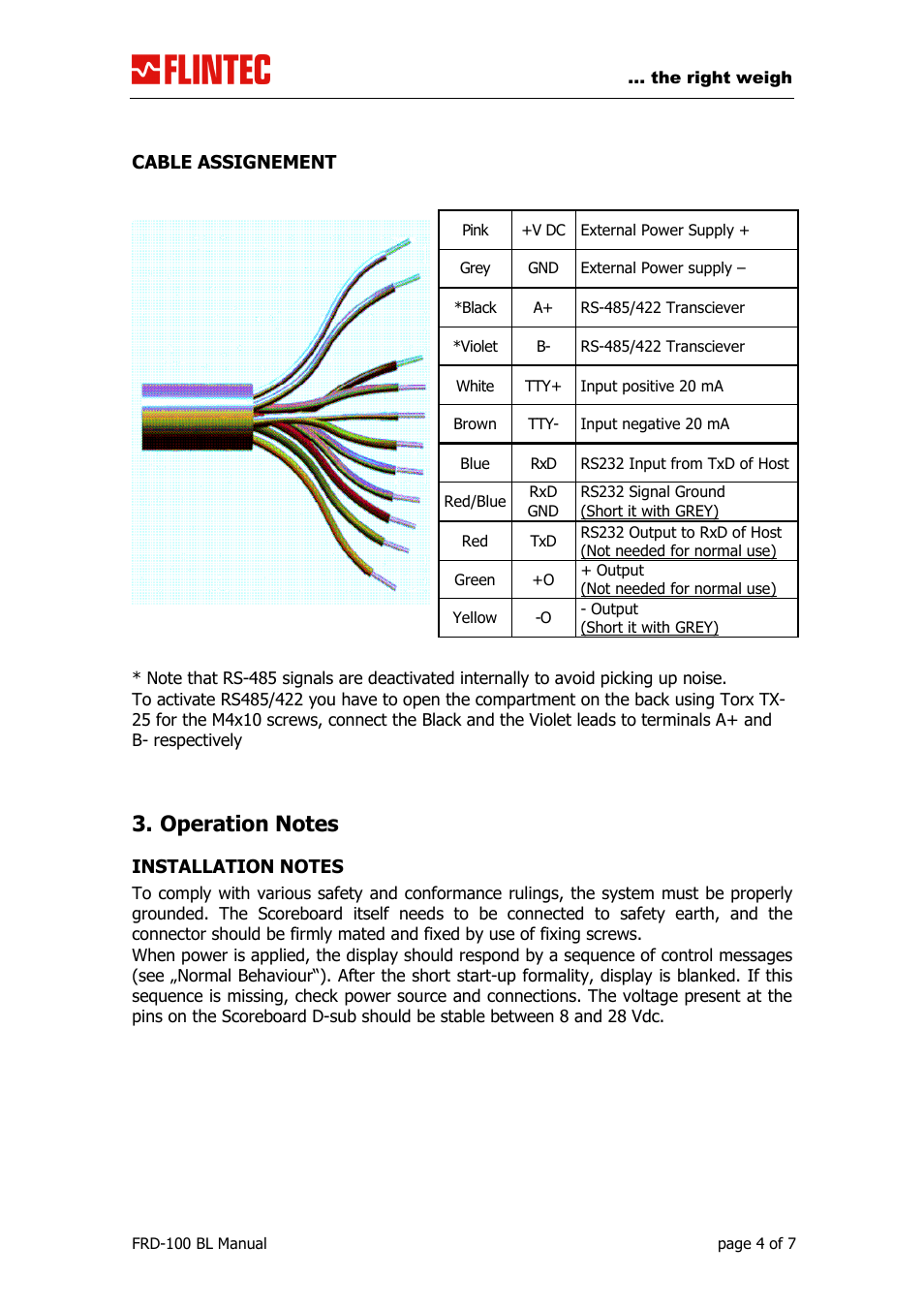 Cable assignement | Flintec FRD-100 LCD User Manual | Page 4 / 7