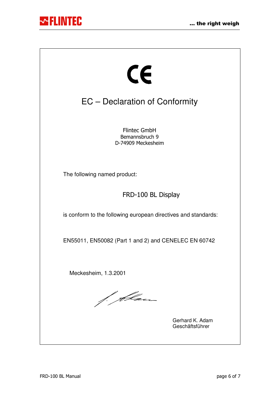 Ec – declaration of conformity, Frd-100 bl display | Flintec FRD-100 LCD User Manual | Page 6 / 7