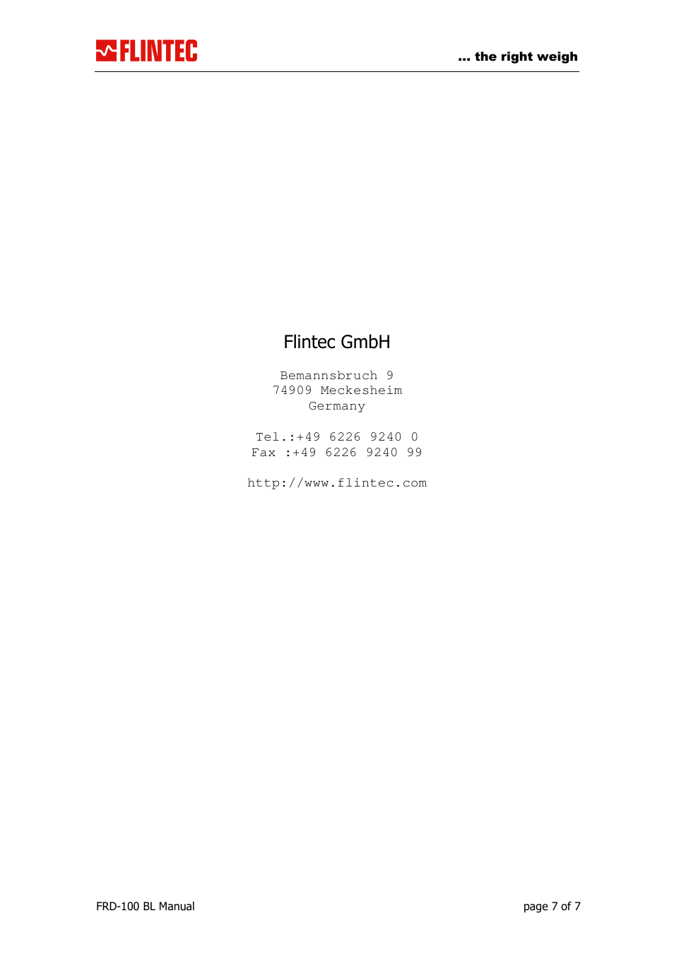 Flintec gmbh, Service and contact information | Flintec FRD-100 LCD User Manual | Page 7 / 7