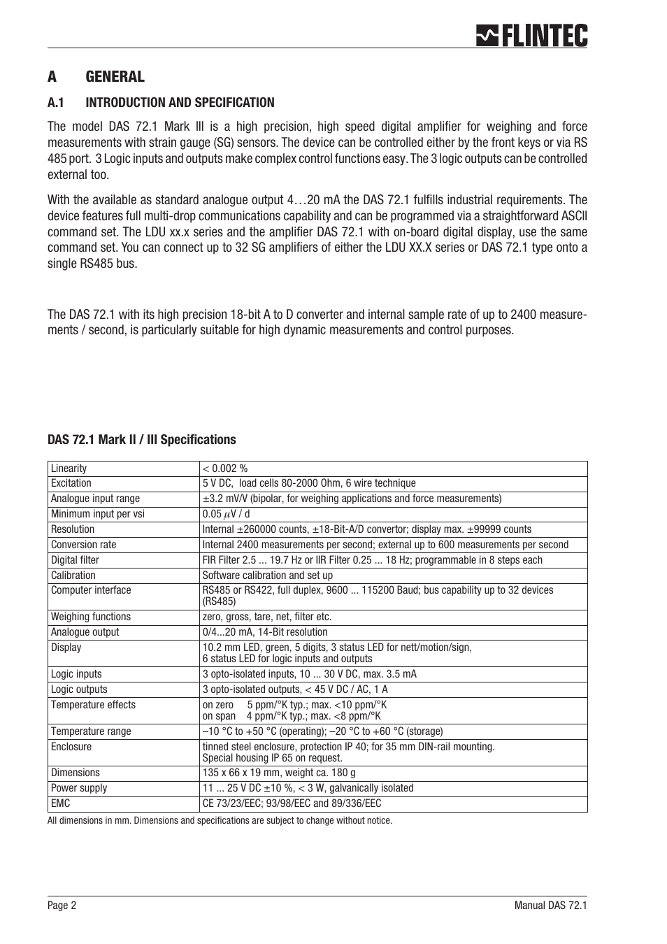 A general 2, A.1 introduction and specification 2, Ageneral | Flintec DAS 72.1 User Manual | Page 2 / 57