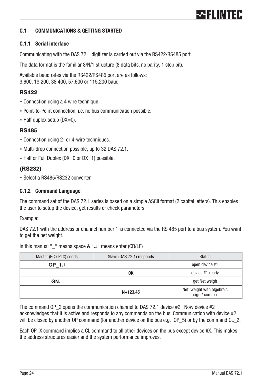 C.1 communications & getting started 24, C.1.1 serial interface 24, C.1.2 command language 24 | Flintec DAS 72.1 User Manual | Page 24 / 57