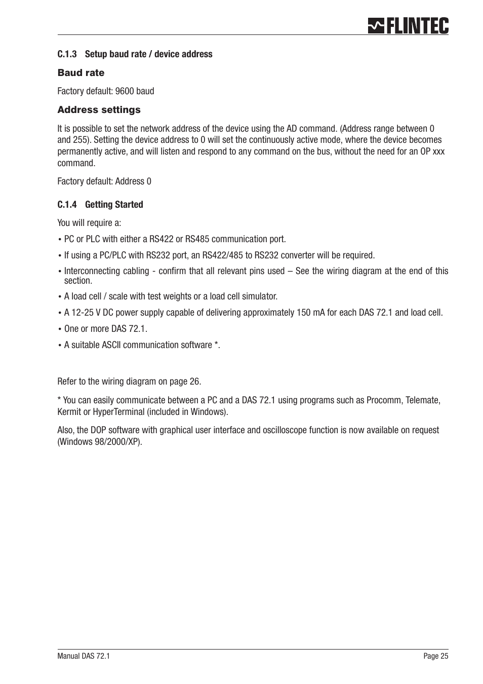 C.1.3 setup baud rate / device address 25, C.1.4 getting started 25 | Flintec DAS 72.1 User Manual | Page 25 / 57