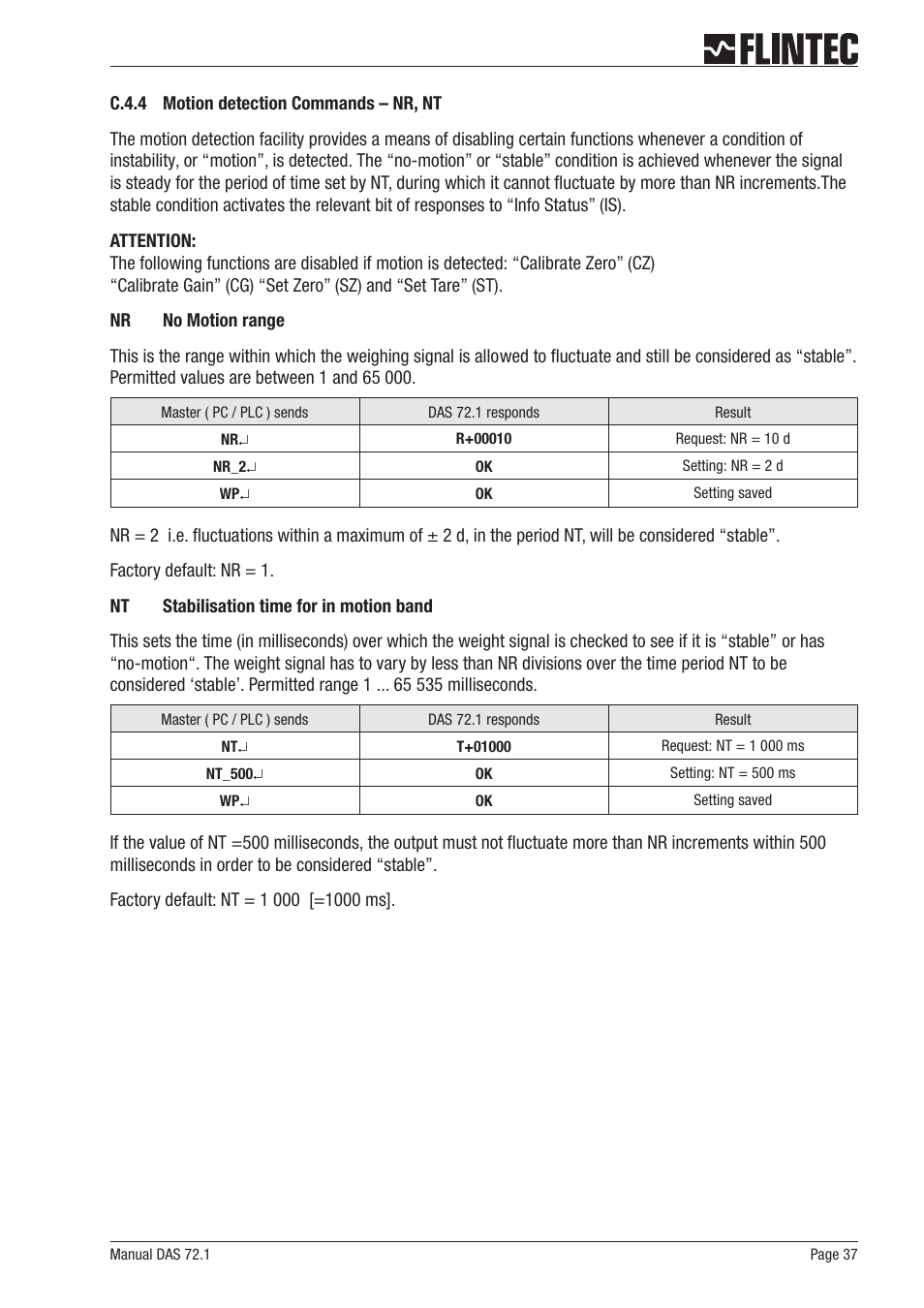 C.4.4 motion detection commands – nr, nt 37 | Flintec DAS 72.1 User Manual | Page 37 / 57