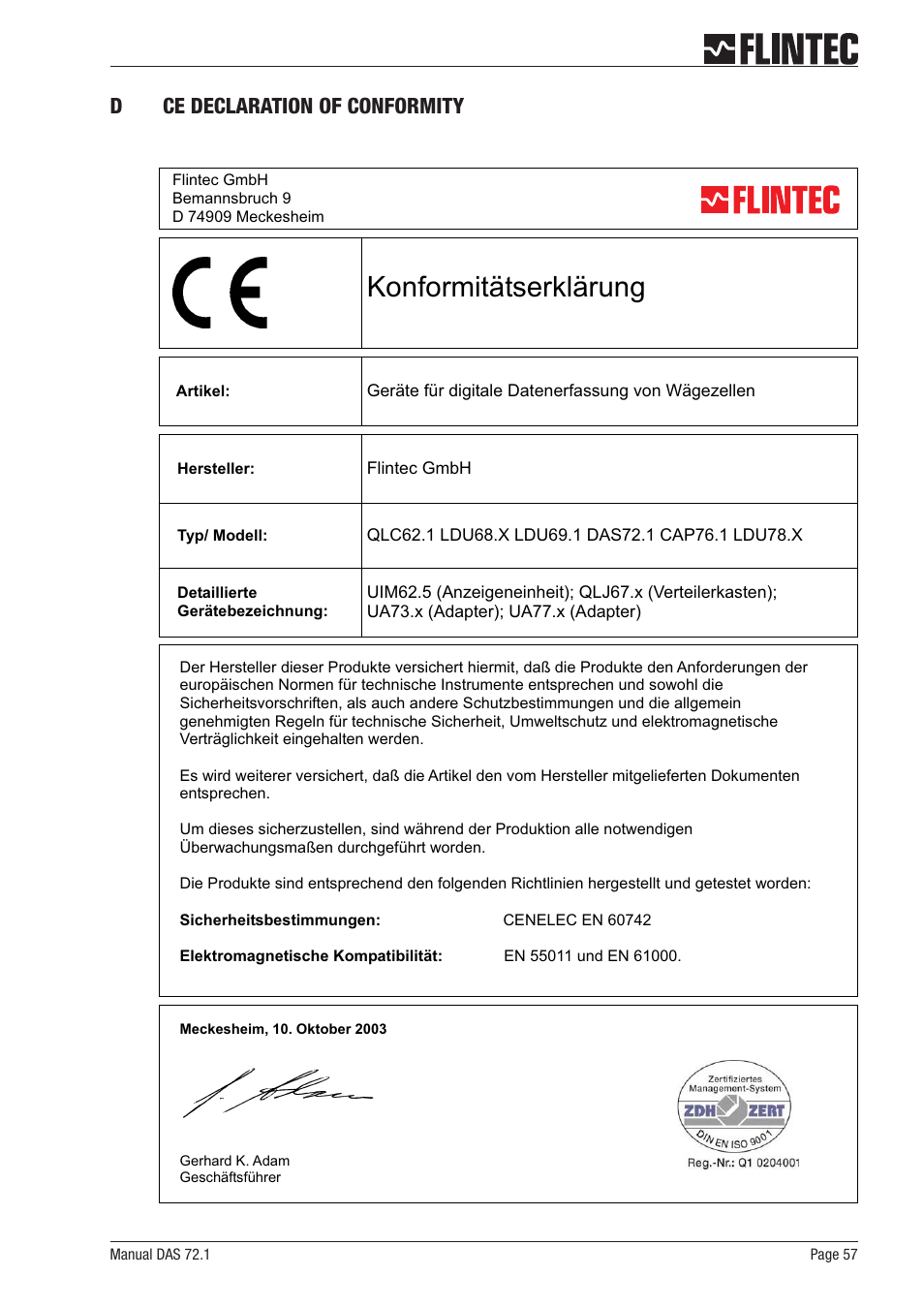 Konformitätserklärung, Dce declaration of conformity | Flintec DAS 72.1 User Manual | Page 57 / 57