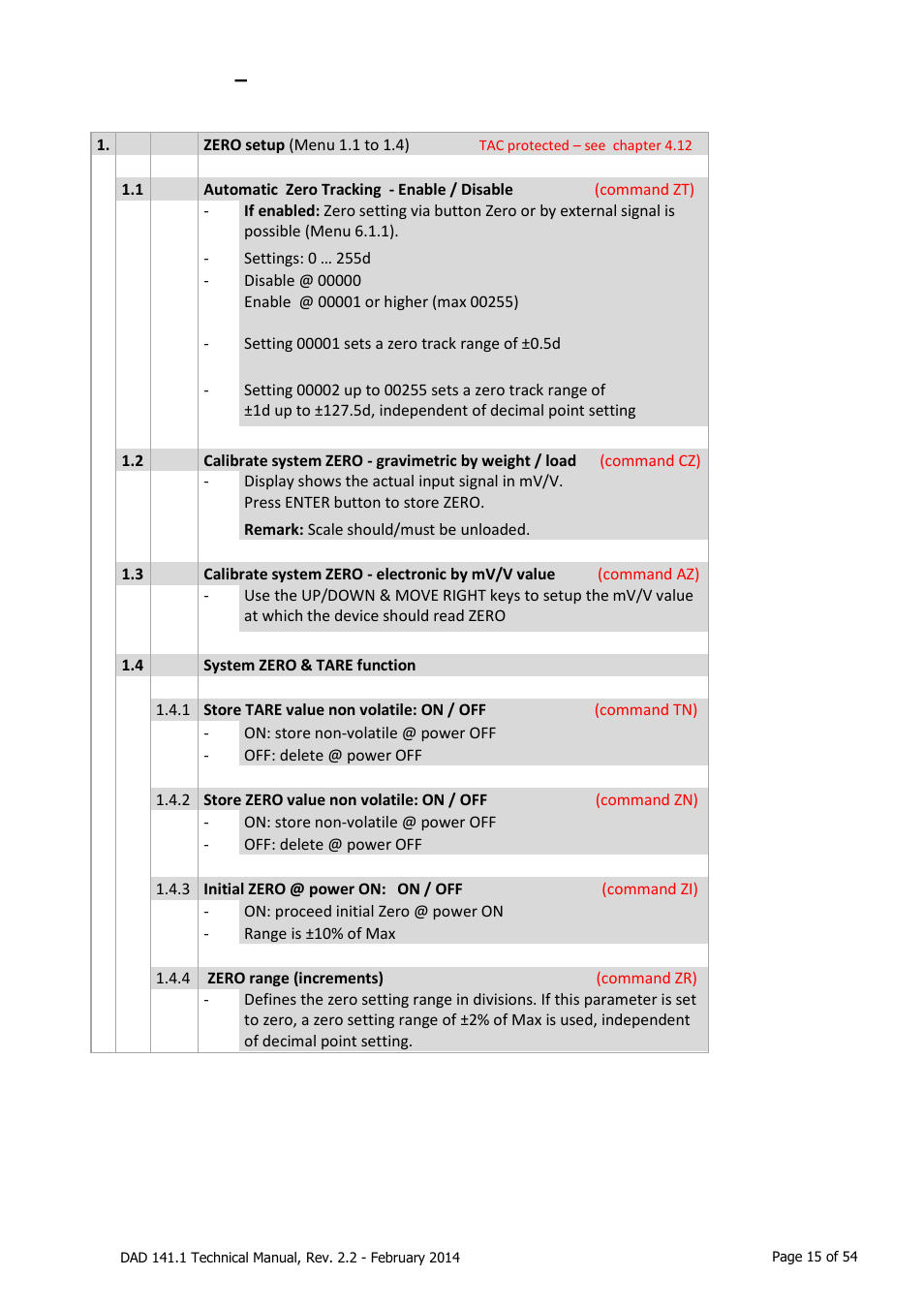 Menu 1, System zero, Menu 1 – system zero | Flintec DAD 141.1 User Manual | Page 15 / 54