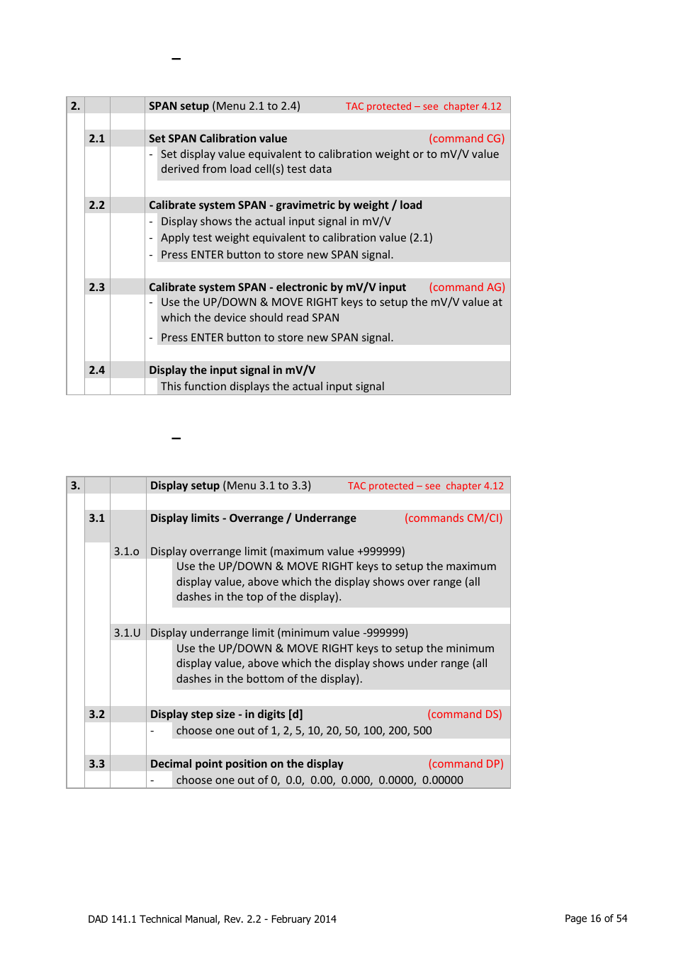 Menu 2, System span, Menu 3 | Display, Menu 2 – system span, Menu 3 – display | Flintec DAD 141.1 User Manual | Page 16 / 54