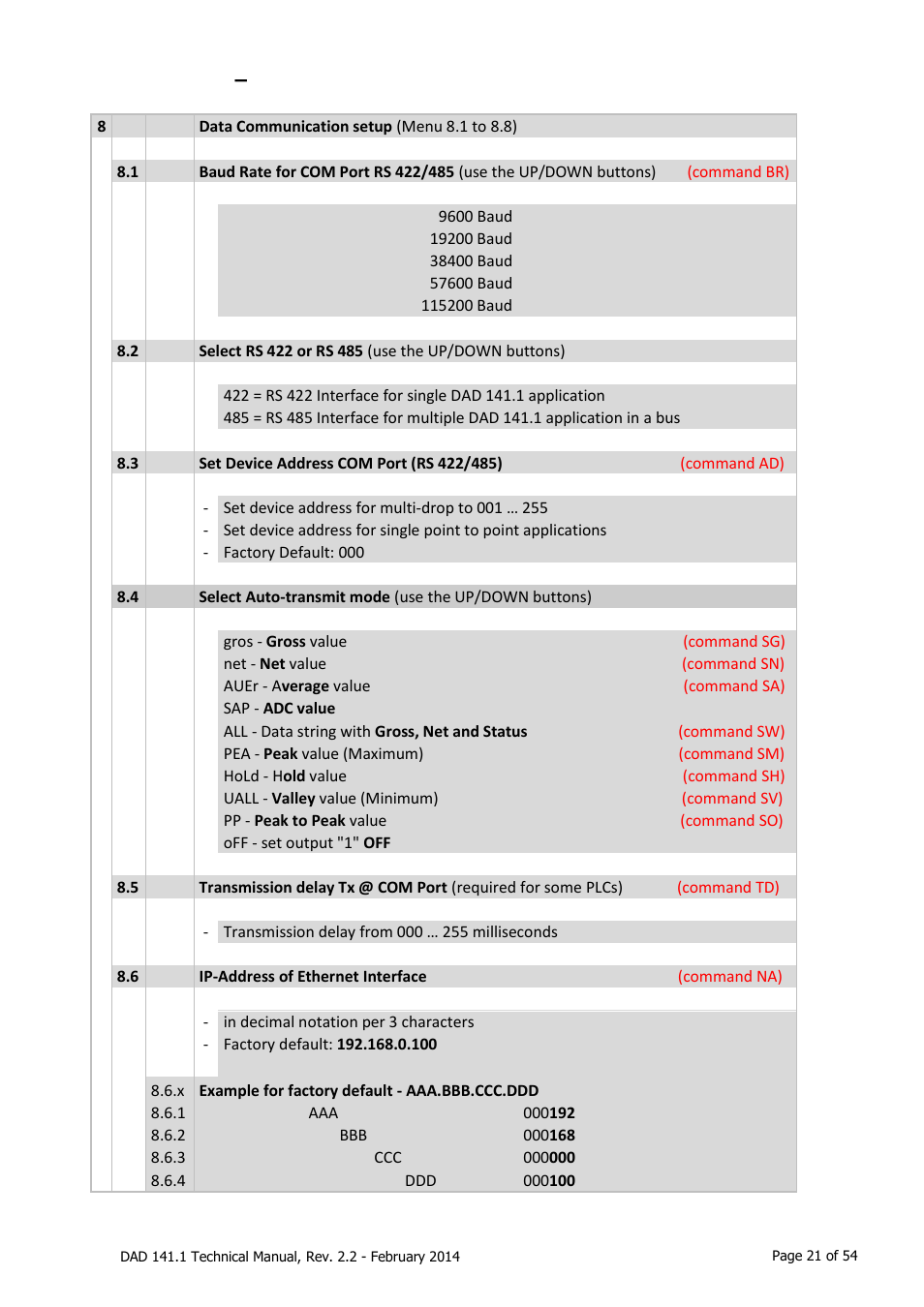 Menu 8, Data communication, Menu 8 – data communication | Flintec DAD 141.1 User Manual | Page 21 / 54