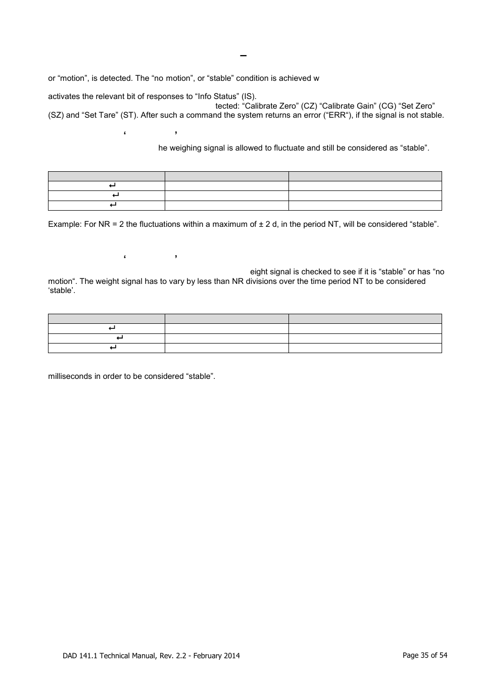 Motion detection commands, Nr, nt, Nr set ‘no-motion’ range [ index 0x2112 | Nt set ‘no-motion’ time period [ index 0x2114, Motion detection commands – nr, nt | Flintec DAD 141.1 User Manual | Page 35 / 54