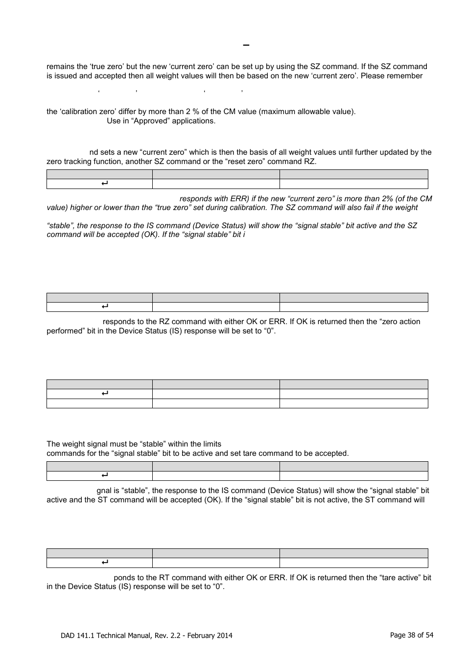 Taring and zeroing commands, Sz, rz, zn, st, rt, tn, rw, ti, Sz set system zero [ index 0x2061 | Rz reset zero [ index 0x2061, Zn store zero value [ index 0x2226, St set tare [ index 0x2061, Rt reset tare [ index 0x2061 | Flintec DAD 141.1 User Manual | Page 38 / 54