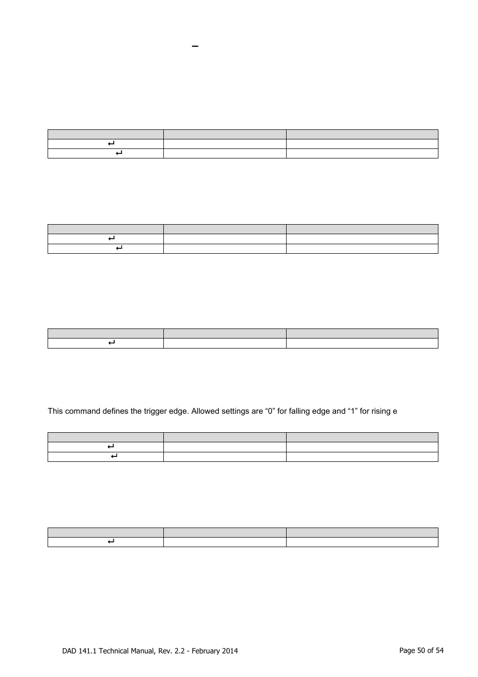 Trigger commands, Sd, mt, ga, te, tr, tl, sa, Sd start delay time [ index 0x211a or 0x2412 | Mt measuring time [ index 0x210e or 0x2410, Te trigger edge [ index 0x2402 or 0x211c, Tr software trigger [ index 0x2062, Trigger commands – sd, mt, ga, te, tr, tl, sa | Flintec DAD 141.1 User Manual | Page 50 / 54