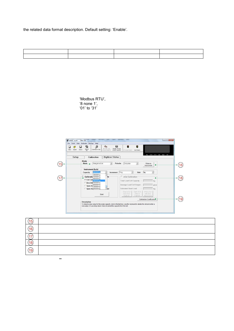 Scale build and calibration, Checksum, Baud rate | Data length and parity, Address, Modbus rtu setup (for fad-40mb only), Mode selection | Flintec FAD-40 User Manual | Page 16 / 52