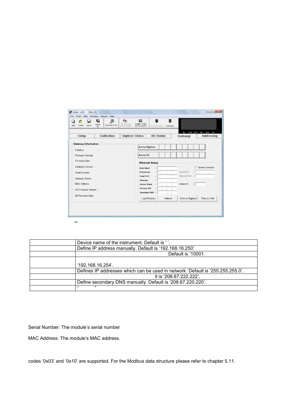 N-bus addressing, Ethernet setup, Power supply connection | Displayed gateway information, Modbus tcp data structure | Flintec MCS-08 User Manual | Page 48 / 52