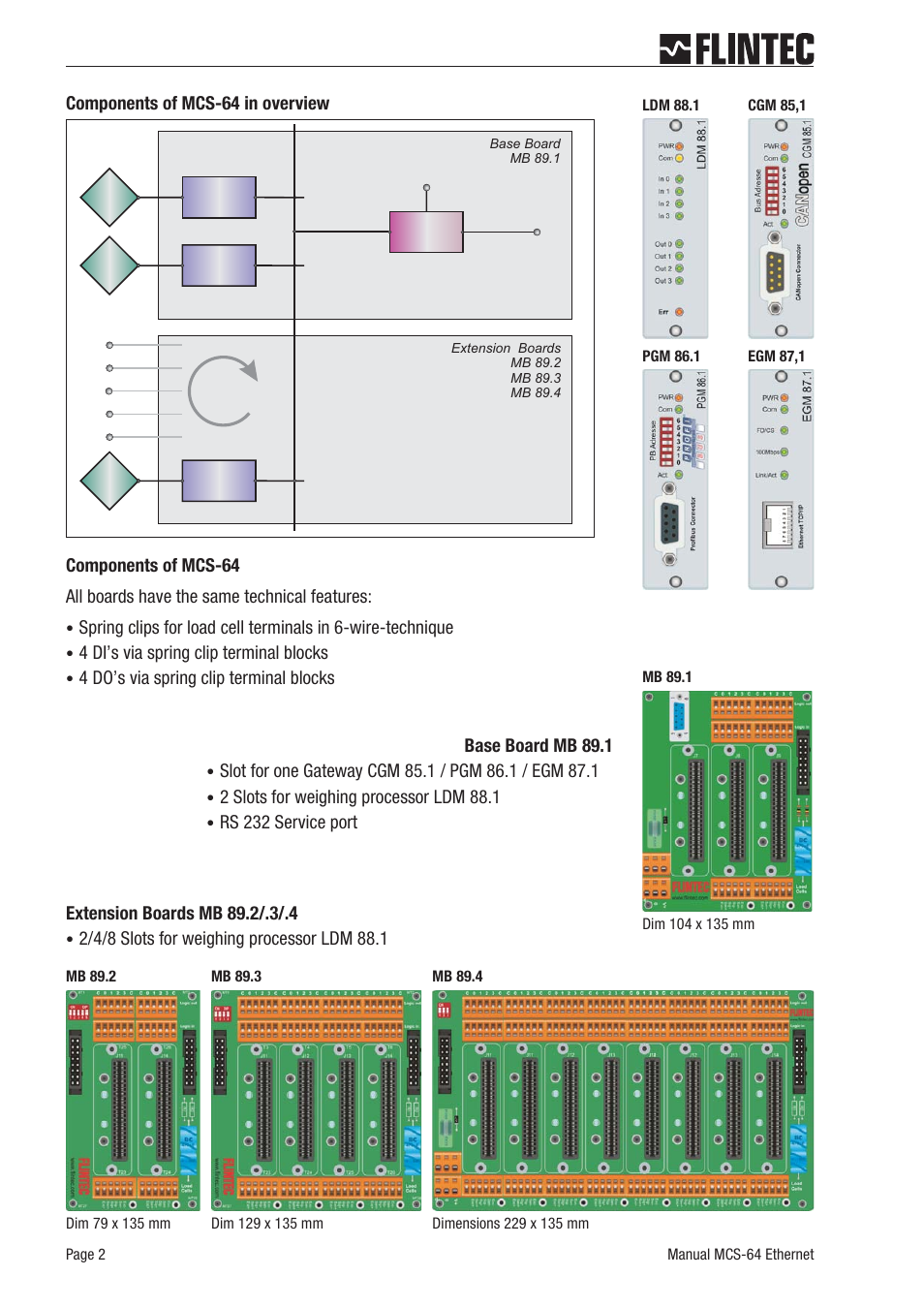 4 di’s via spring clip terminal blocks, 4 do’s via spring clip terminal blocks, Base board mb 89.1 | 2 slots for weighing processor ldm 88.1, Rs 232 service port | Flintec MCS-64 ModbusOnEthernet User Manual | Page 2 / 45