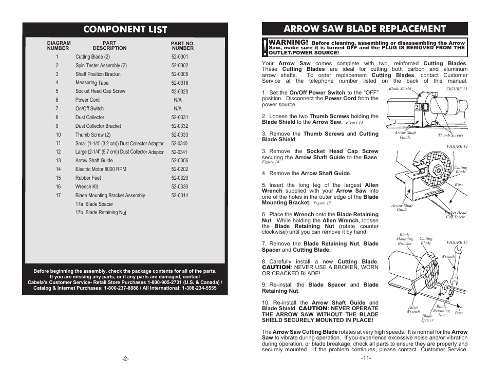 Component list, Arrow saw blade replacement | Cabela's PRECISE CUT 52-0601 User Manual | Page 2 / 6