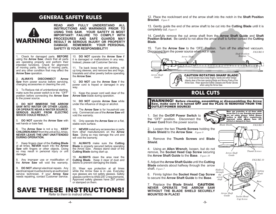 Save these instructions, Warning, General safety rules | Roll cuts | Cabela's PRECISE CUT 52-0601 User Manual | Page 4 / 6