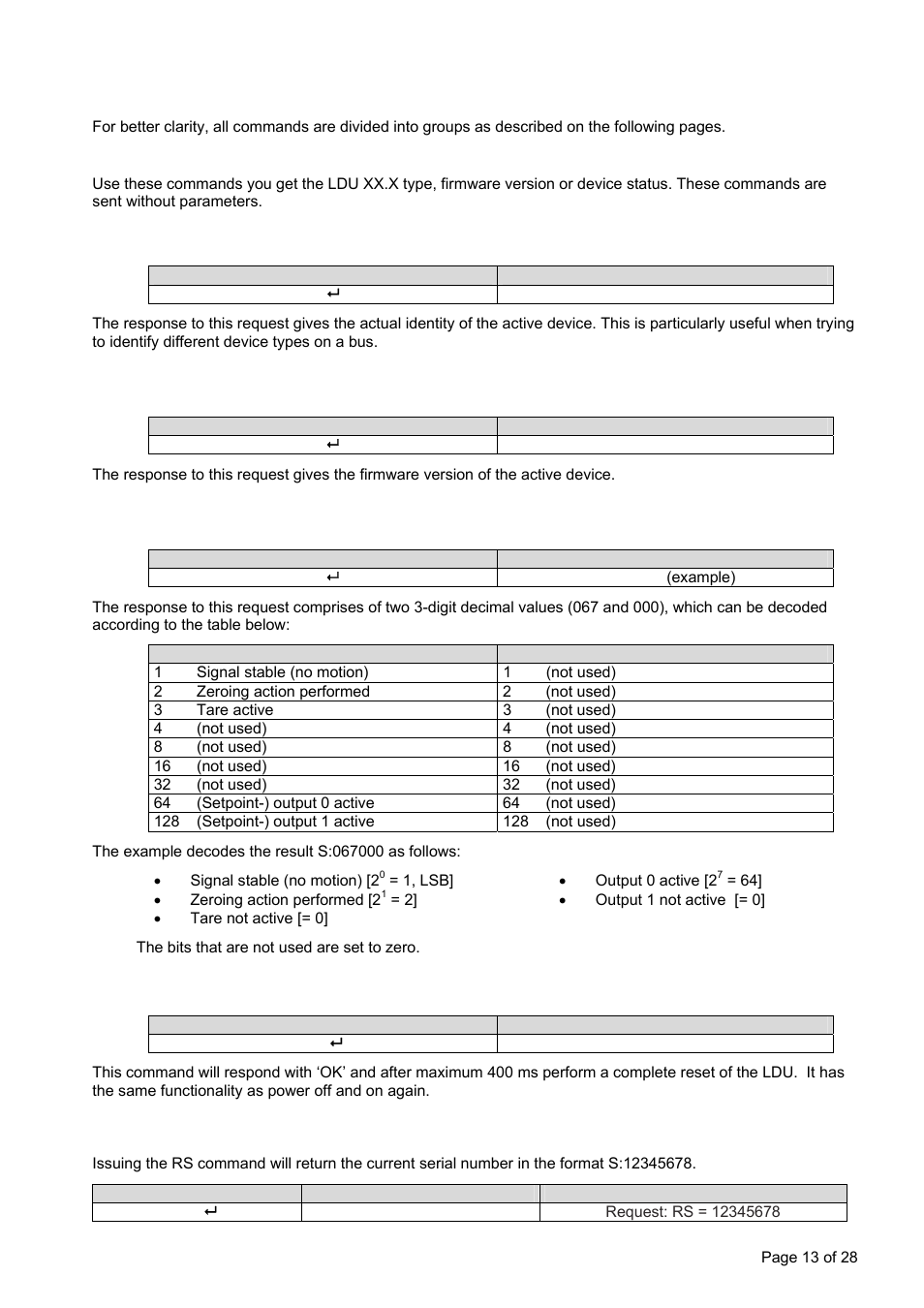 Commands description, System diagnosis commands – id, iv, is, sr, rs, Id get device identity | Iv get firmware version, Is get device status, Sr reset ldu xx.x firmware, Rs read serial number | Flintec LDU 68.2 User Manual | Page 13 / 28