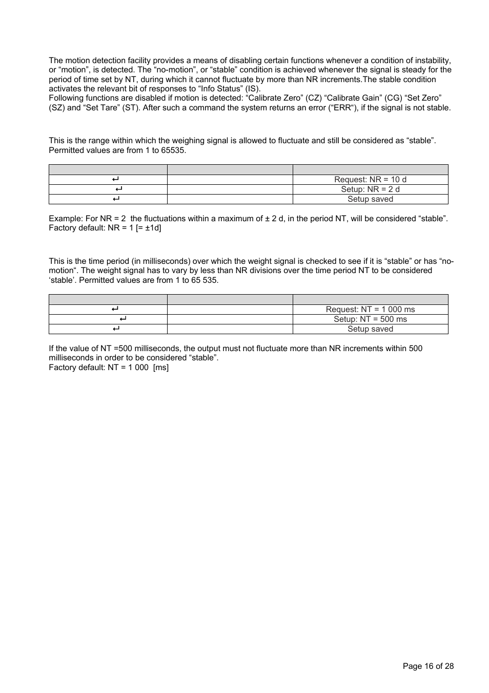 Motion detection commands – nr, nt | Flintec LDU 68.2 User Manual | Page 16 / 28