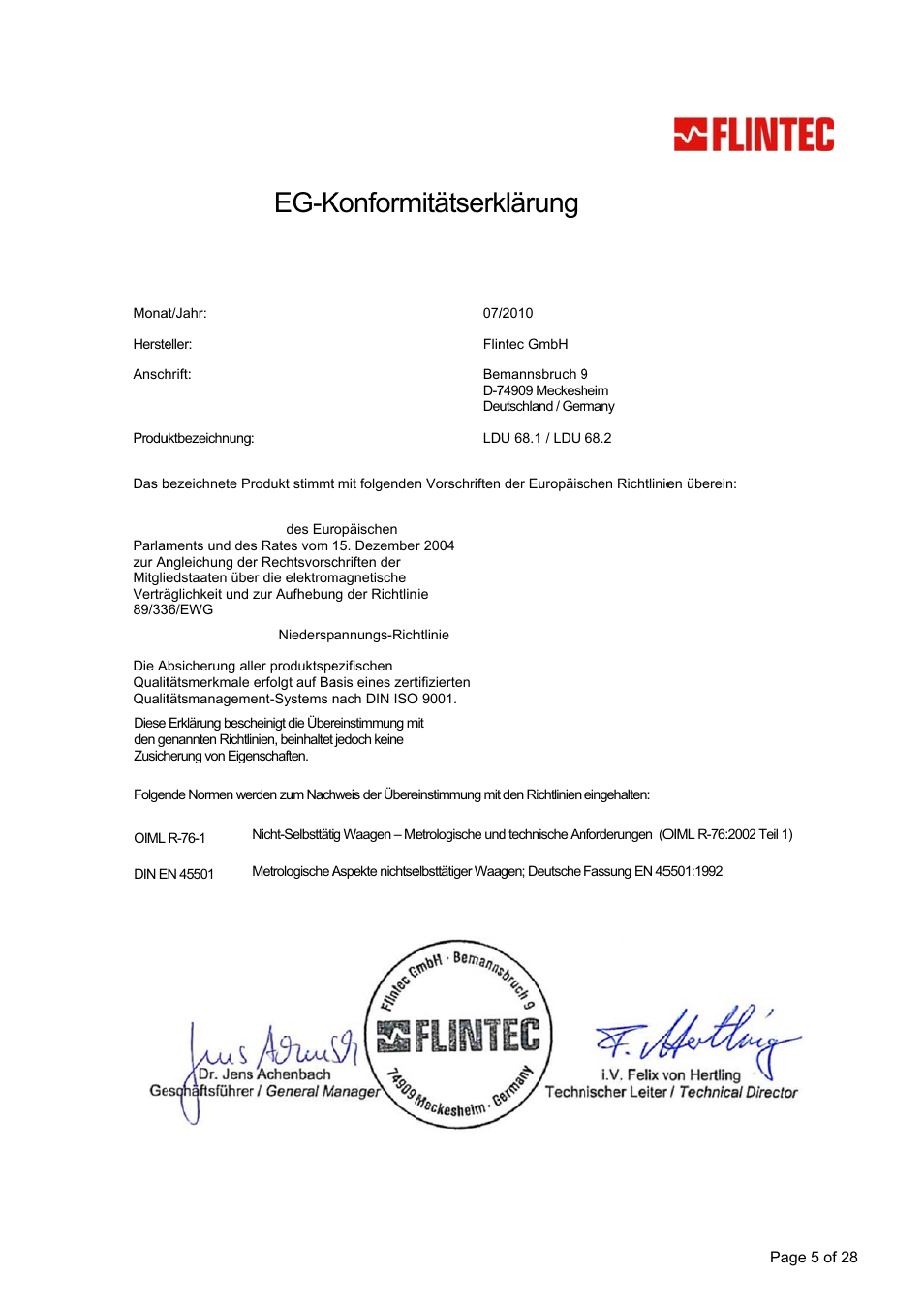 Eg-k ec-d, Konform declarat, Mitätserk tion of c | Klärung conform, Declarat, Tion of c, Conform, Mity | Flintec LDU 68.2 User Manual | Page 5 / 28