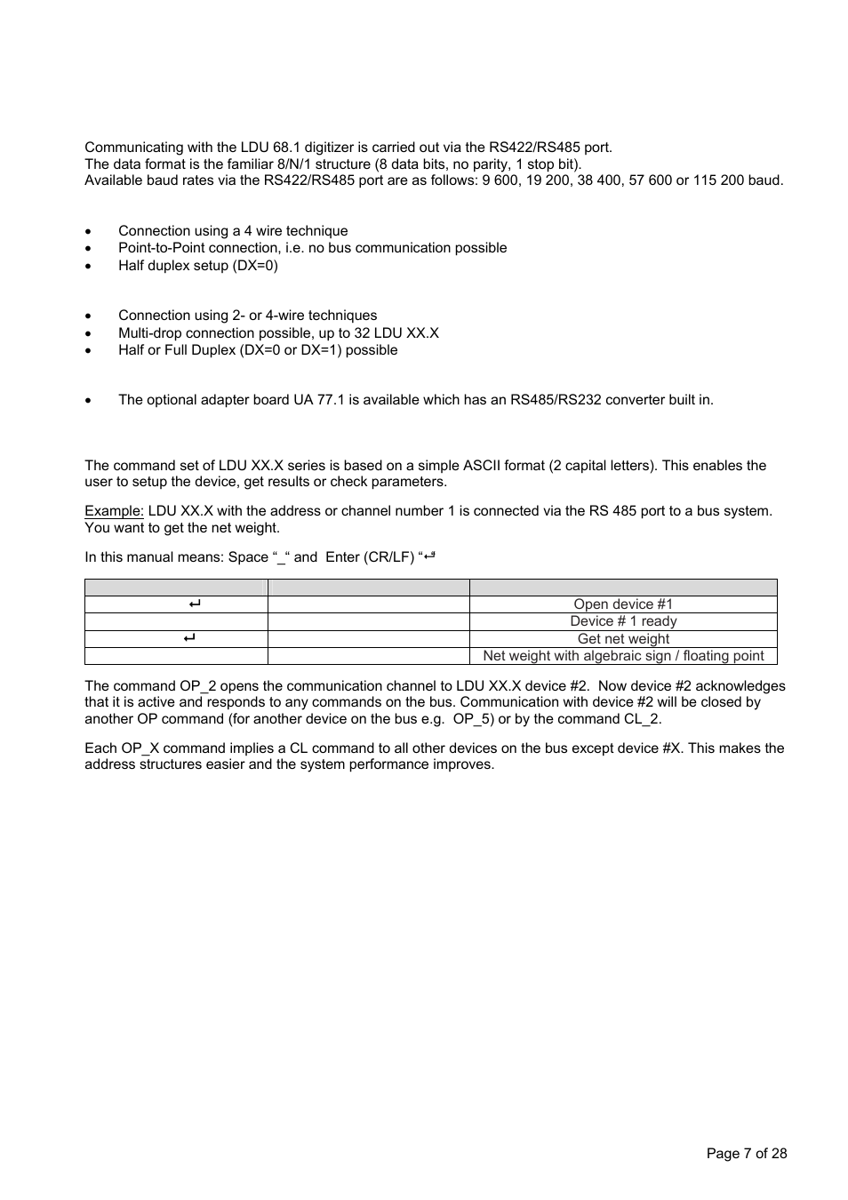 Communications and getting started, Serial interface, Command language | Flintec LDU 68.2 User Manual | Page 7 / 28