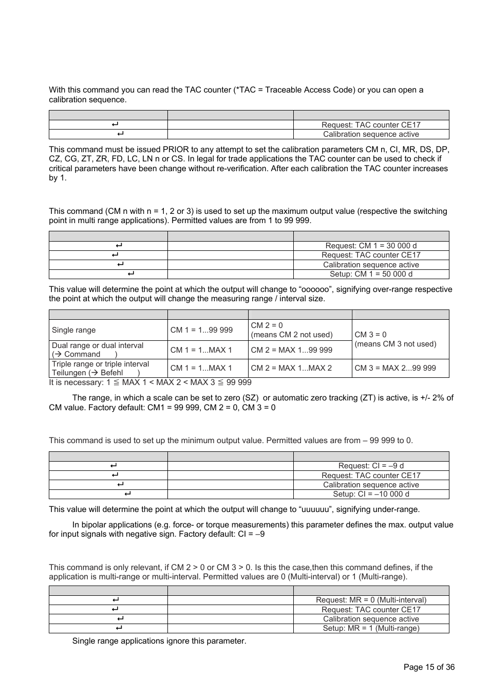 Ce read tac* counter / open calibration sequence, Cm n set maximum output value, Ci set minimum output value | Mr set multi-range / multi-interval | Flintec LDU 78.1 User Manual | Page 15 / 36