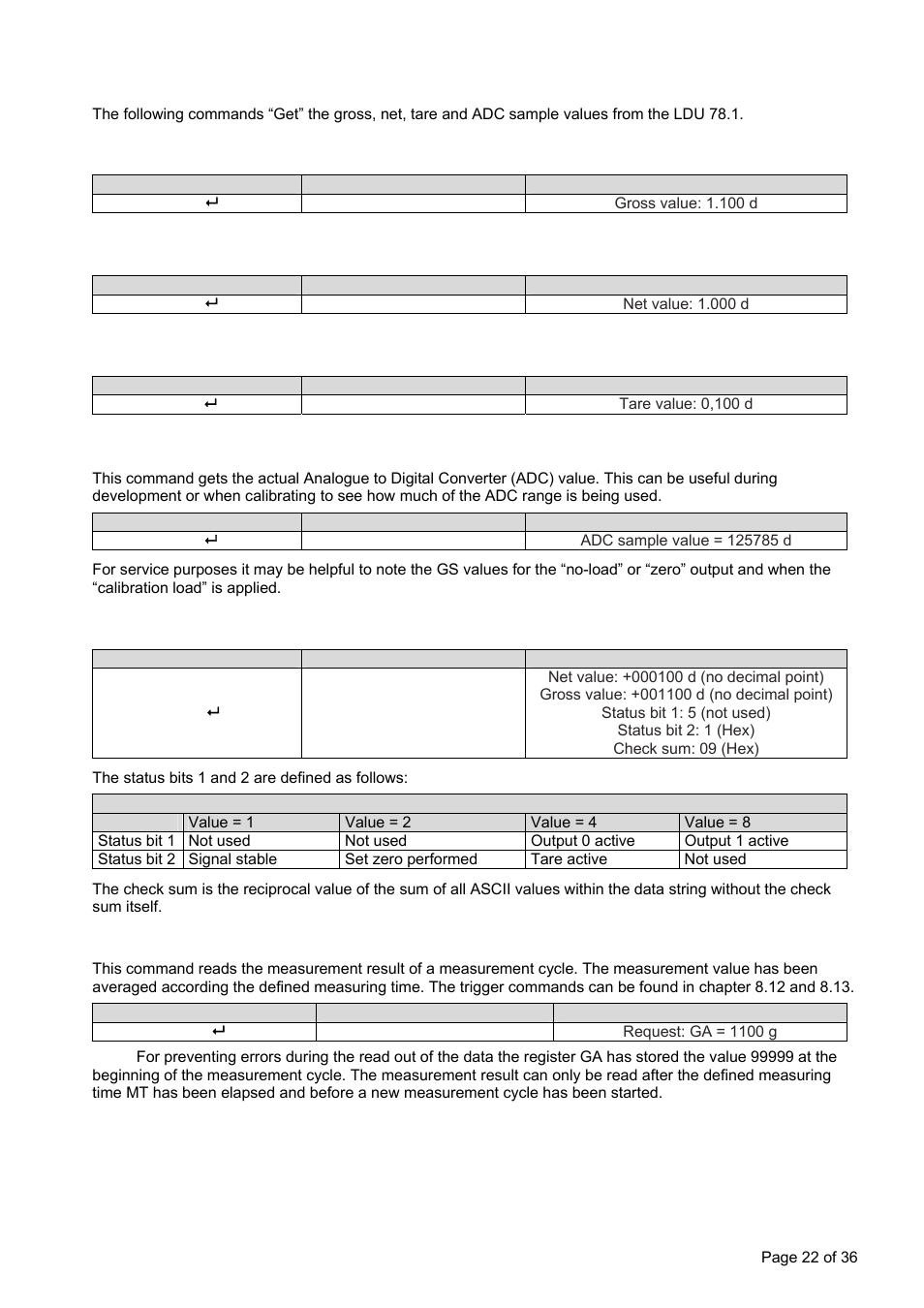Output commands – gg, gn, gt, gs, gw, ga, gl, of, Gg get gross value, Gn get net value | Gt get tare value, Gs get adc sample value, Gw get data string “net, gross and status, Ga get triggered average value | Flintec LDU 78.1 User Manual | Page 22 / 36
