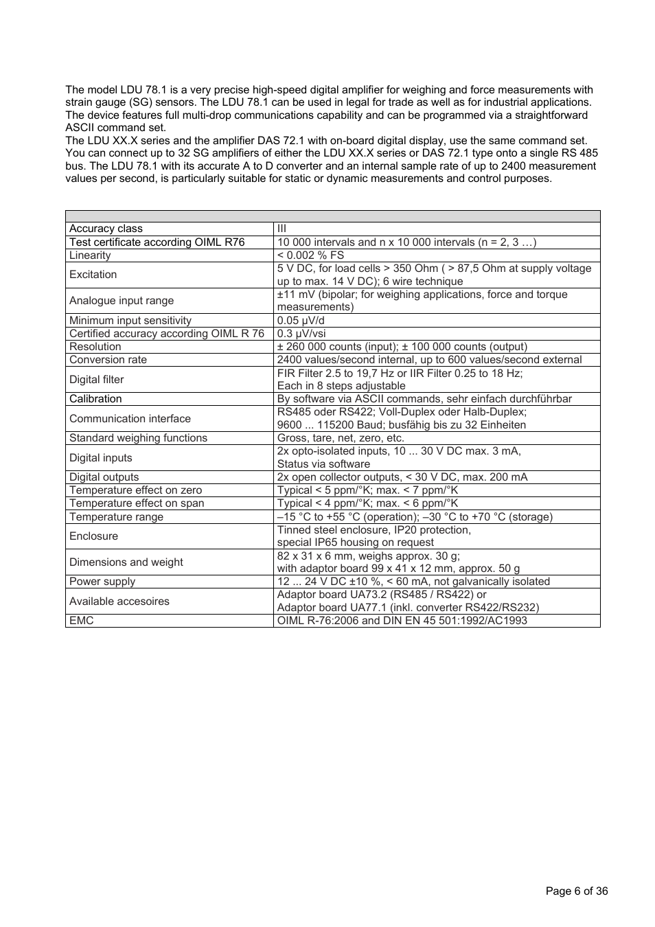 Introduction and specifications | Flintec LDU 78.1 User Manual | Page 6 / 36