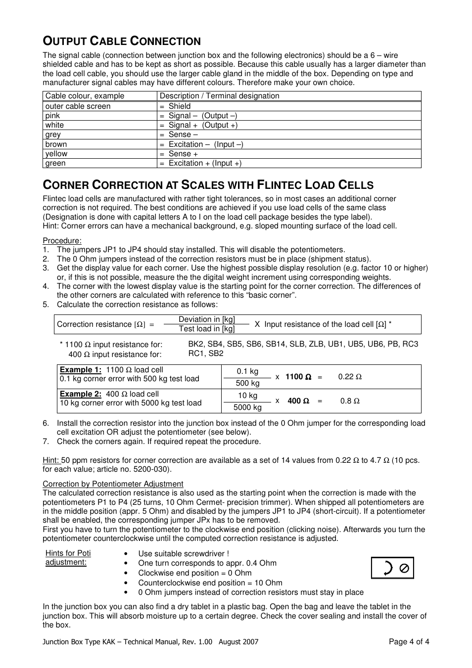 Utput, Able, Onnection | Orner, Orrection at, Cales with, Lintec, Ells | Flintec KAK-4 User Manual | Page 4 / 4