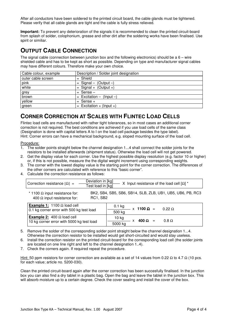 Utput, Able, Onnection | Orner, Orrection at, Cales with, Lintec, Ells | Flintec KA-6 User Manual | Page 4 / 4