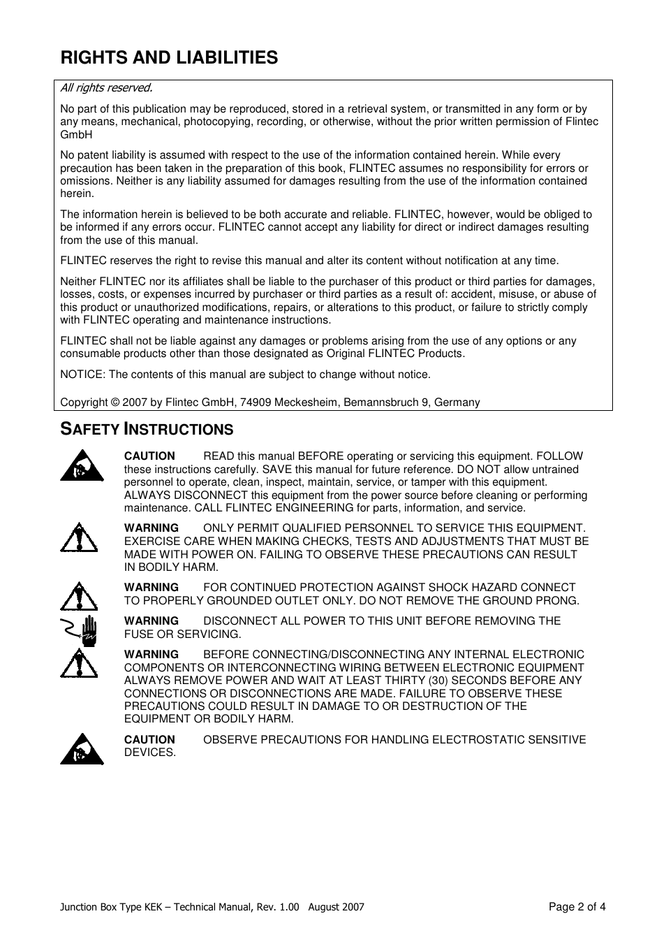 Rights and liabilities, Afety, Nstructions | Flintec KEK-4 User Manual | Page 2 / 4