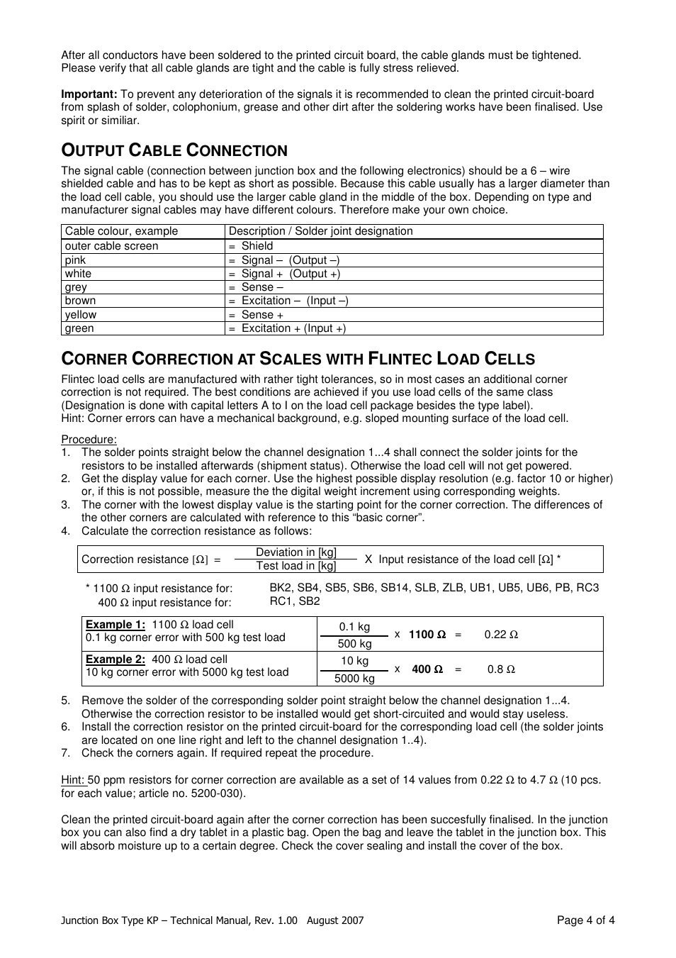 Utput, Able, Onnection | Orner, Orrection at, Cales with, Lintec, Ells | Flintec KP-4 User Manual | Page 4 / 4