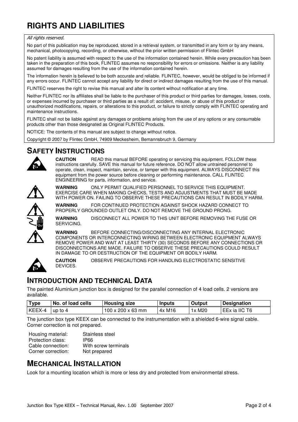 Rights and liabilities, Afety, Nstructions | Ntroduction and technical, Echanical, Nstallation | Flintec KEEX-4 User Manual | Page 2 / 4