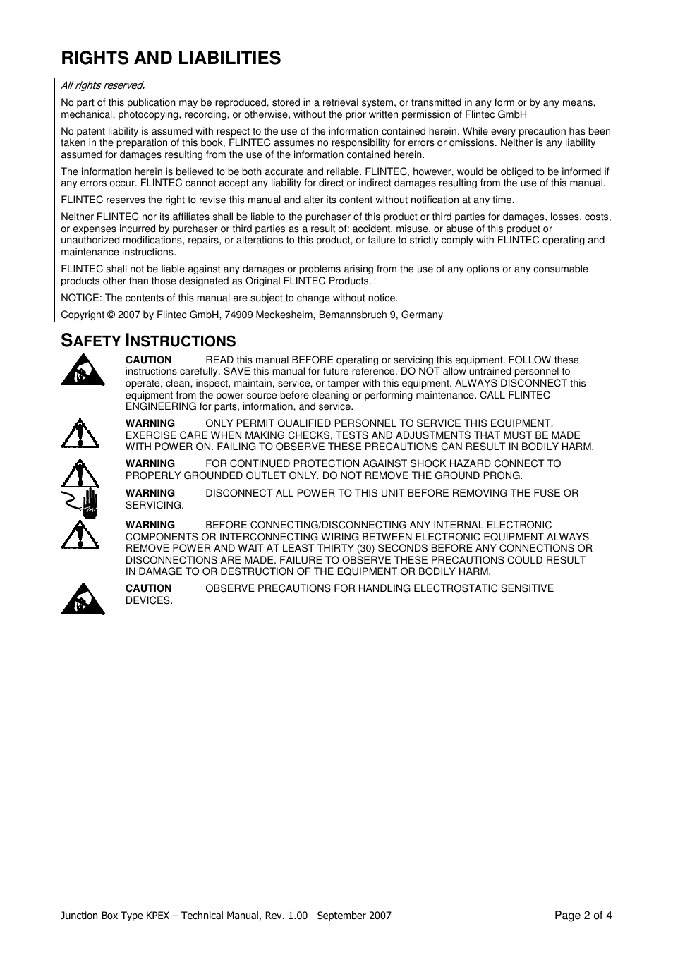 Rights and liabilities, Afety, Nstructions | Flintec KPEX-10 User Manual | Page 2 / 4