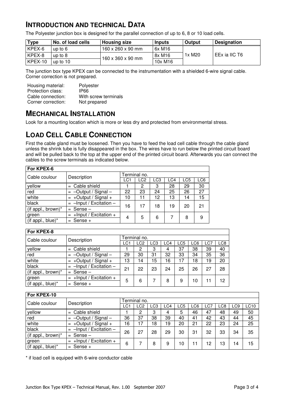 Ntroduction and technical, Echanical, Nstallation | Able, Onnection | Flintec KPEX-10 User Manual | Page 3 / 4