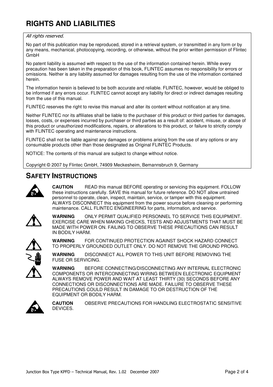 Rights and liabilities, Afety, Nstructions | Flintec KPFD-8 User Manual | Page 2 / 4