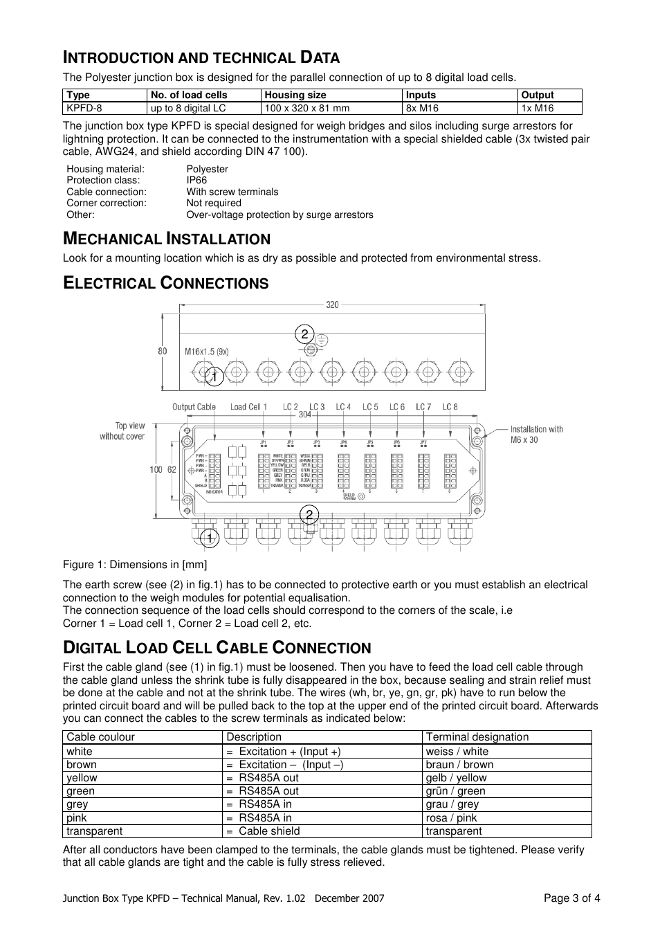 Ntroduction and technical, Echanical, Nstallation | Lectrical, Onnections, Igital, Able, Onnection | Flintec KPFD-8 User Manual | Page 3 / 4
