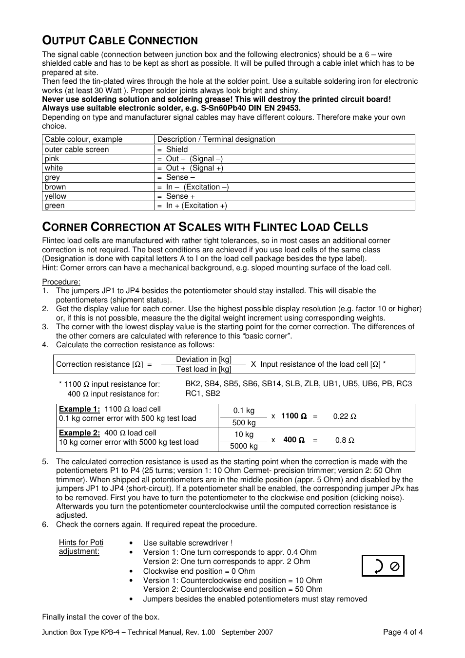 Utput, Able, Onnection | Orner, Orrection at, Cales with, Lintec, Ells | Flintec KPB-4 User Manual | Page 4 / 4