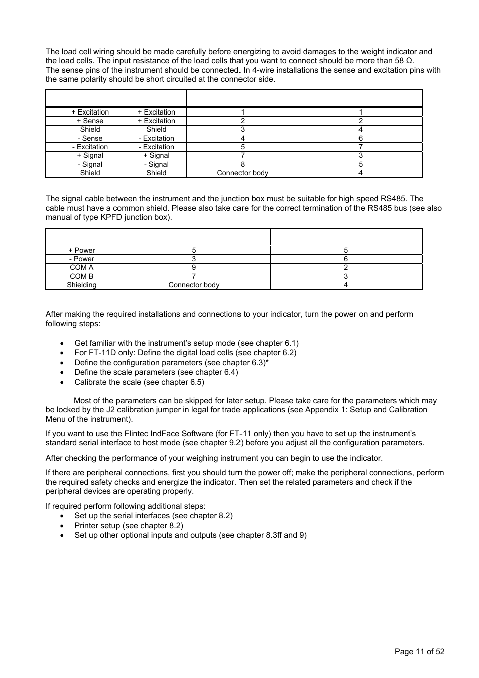 Commissioning, Standard load cell connection (for ft-11 only), Digital load cell connection (for ft-11d only) | Flintec FT-11D User Manual | Page 11 / 52