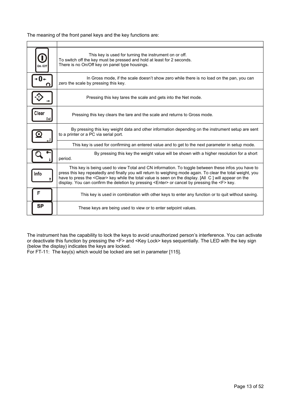 Keypad, Key lock | Flintec FT-11D User Manual | Page 13 / 52
