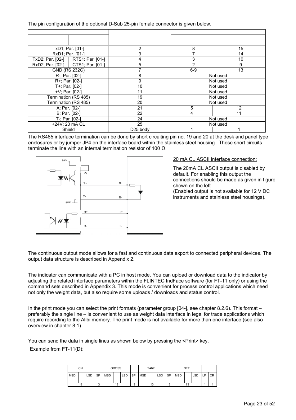 Continuous output mode, Host mode (for ft-11 only), Print mode | Flintec FT-11D User Manual | Page 23 / 52