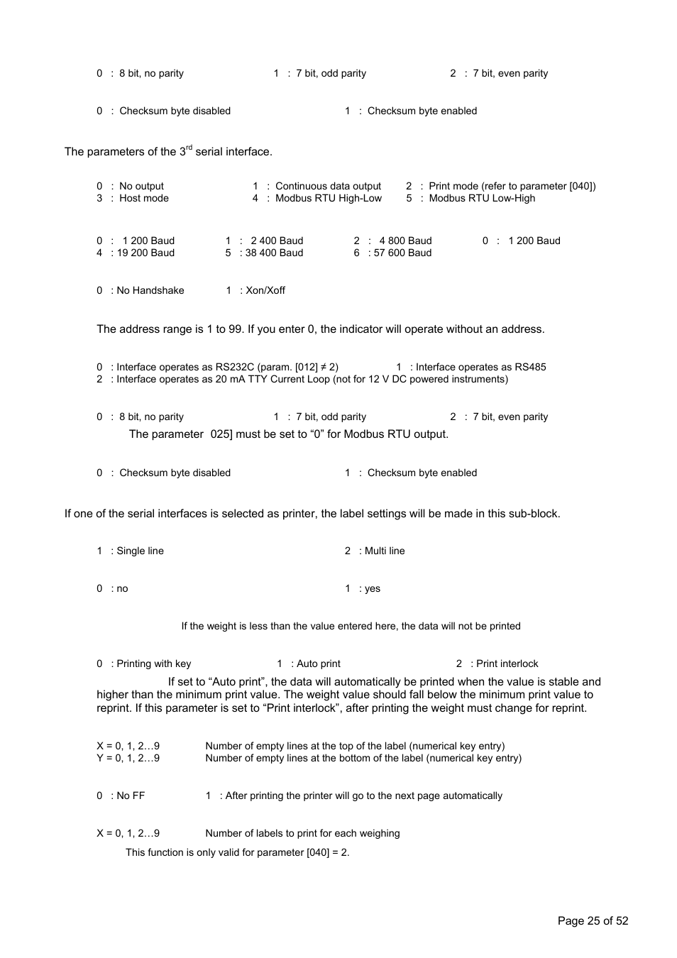 ] serial interface 3, ] printer, 014 x] data length and parity | 015 x] checksum, 021 x] baud rate, 022 x] handshake, 023 xx] address, 024 x] serial mode, 025 x] data length and parity, 026 x] checksum | Flintec FT-11D User Manual | Page 25 / 52