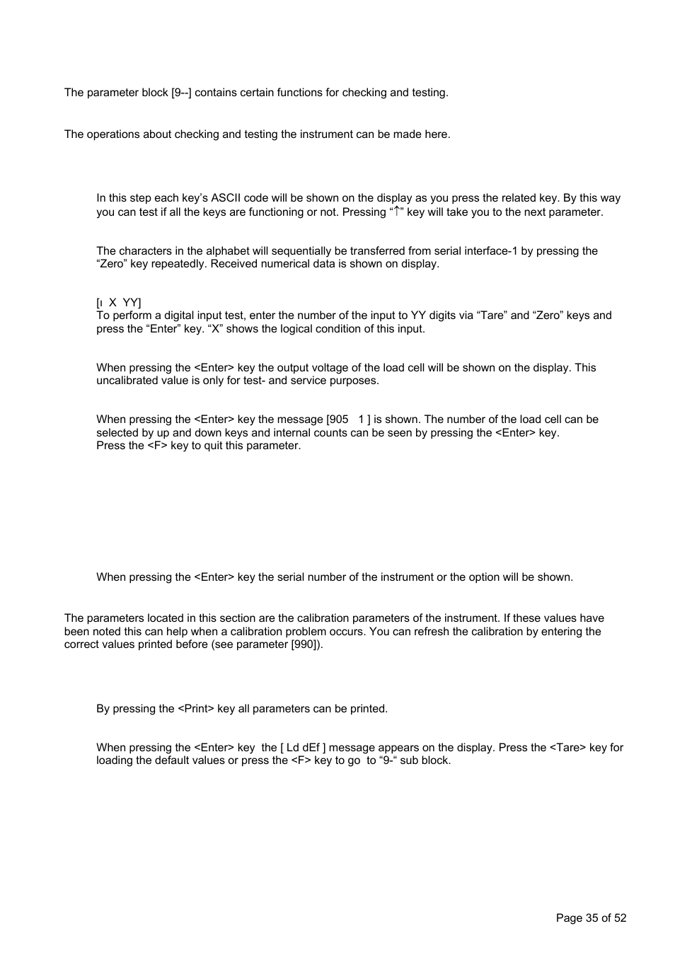 Diagnostics, ] diagnostics, ] tests | ] serial numbers, ] calibration coefficients, ] printing parameter values | Flintec FT-11D User Manual | Page 35 / 52