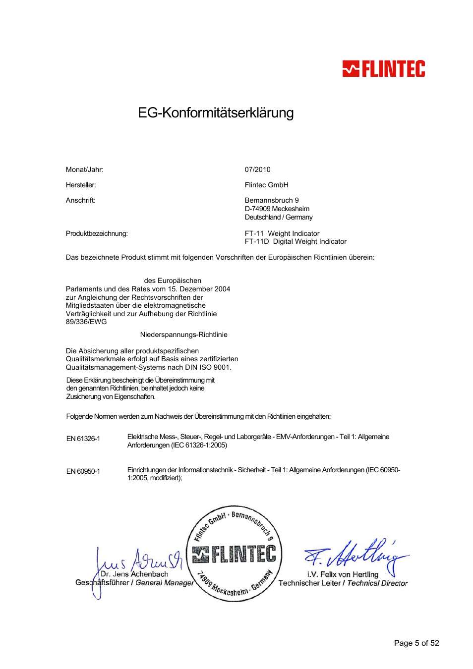 Declaration of conformity | Flintec FT-11D User Manual | Page 5 / 52