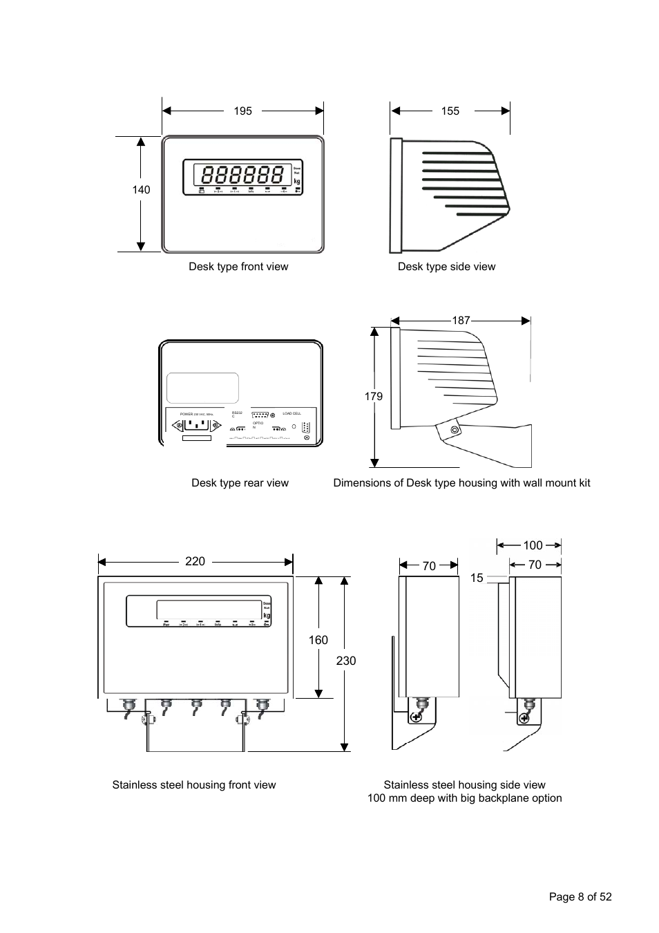 4 housing dimensions, 1 desk type housing, 2 stainless steel housing | Flintec FT-11D User Manual | Page 8 / 52