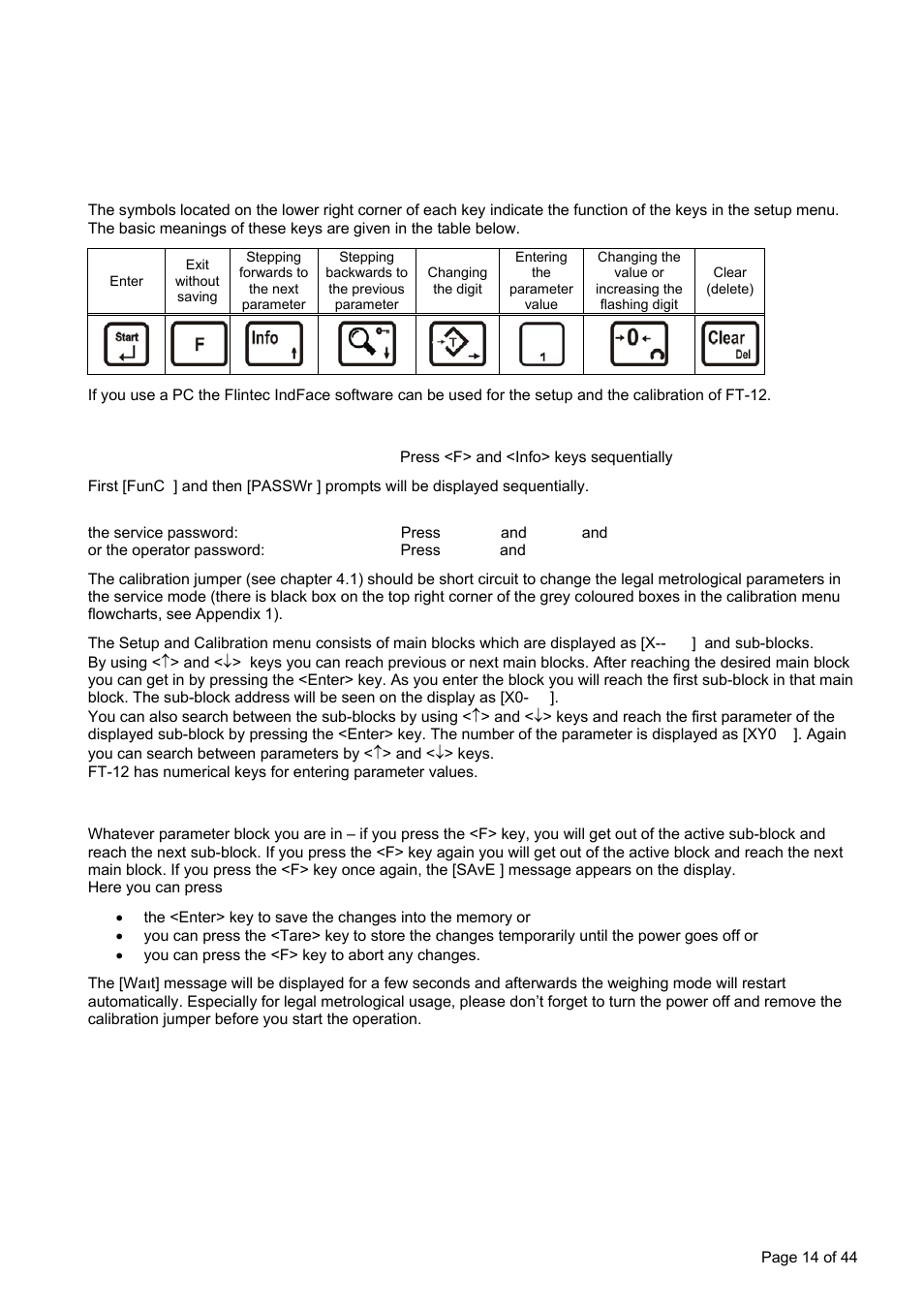 1 basics, Etup and, Alibration | 1 basic setup keys on the frontplate, 2 entering the setup and calibration menu, 3 exiting the setup and calibration menu | Flintec FT-12 Manual User Manual | Page 14 / 44