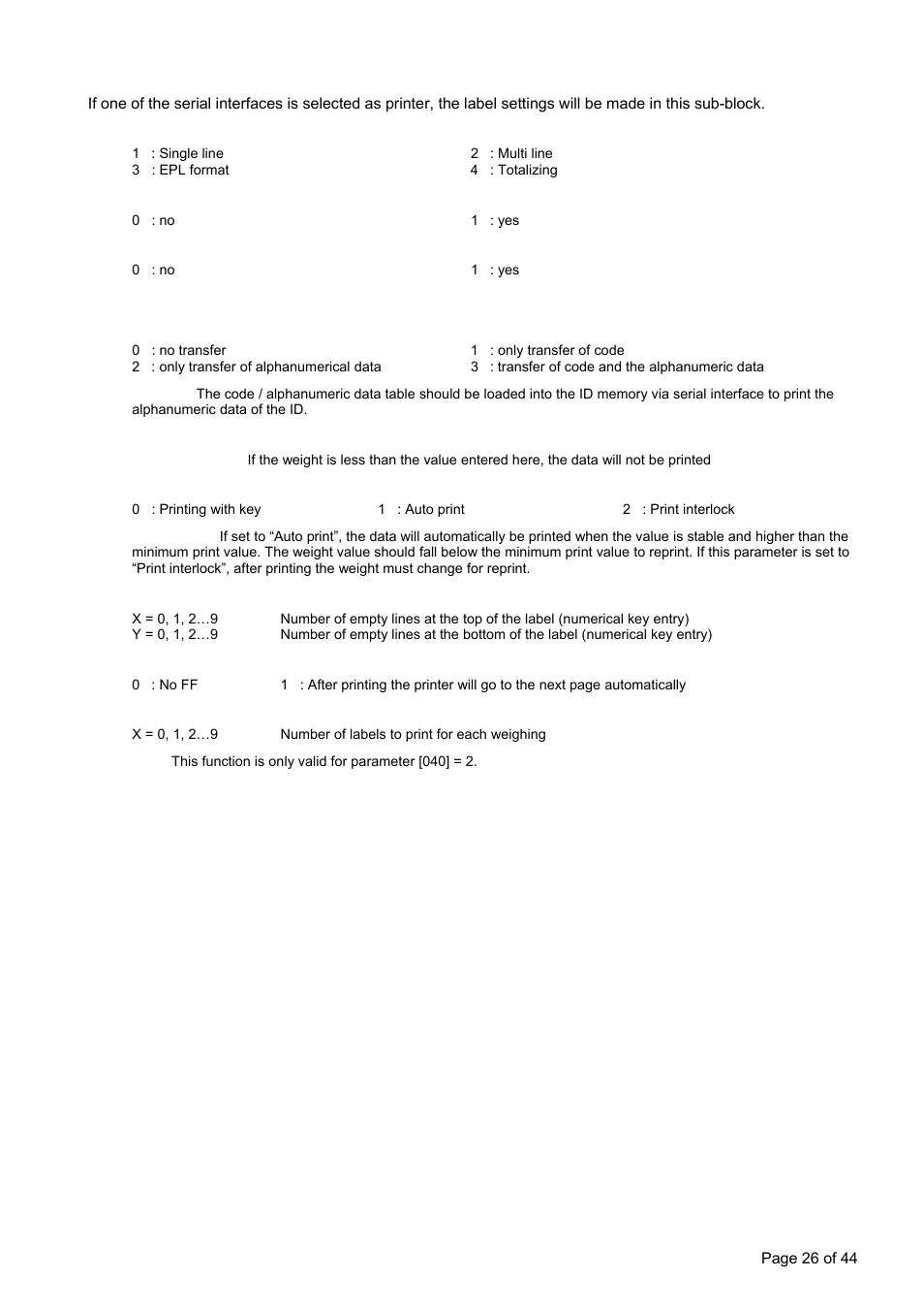 ] printer, 040 x ] print out format, 045 ] minimum print | 046 x] print control, 047 xy] line feed, 048 x] form feed, 049 x] quantity of copies | Flintec FT-12 Manual User Manual | Page 26 / 44