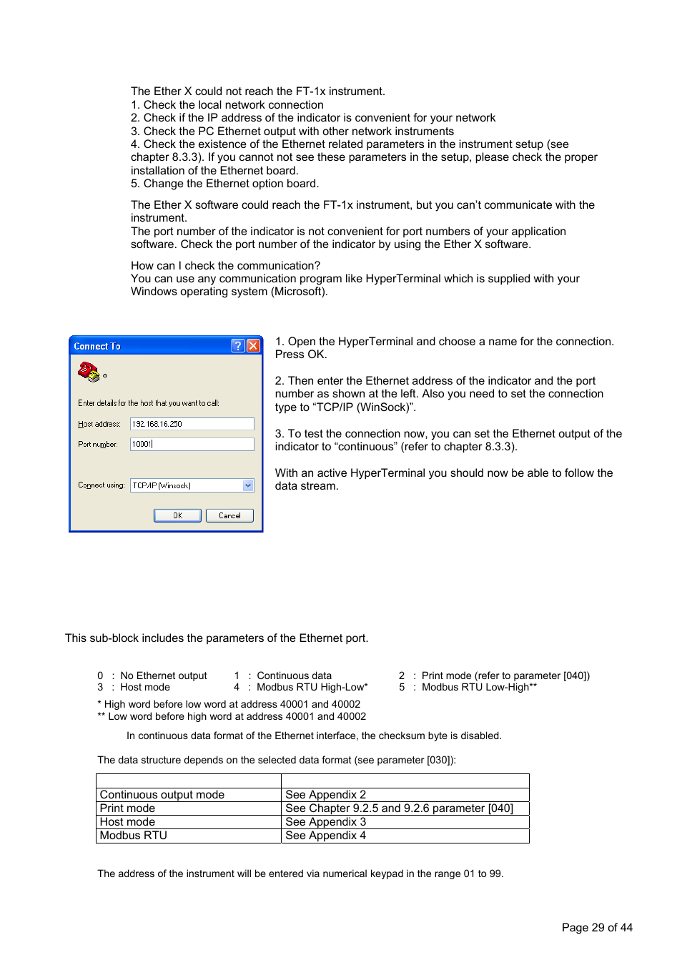] interface block [03-] ethernet, Frequently asked questions (faq), Example: hyperterminal | 3 data structure, 030 x ] data format, 031 xx] address | Flintec FT-12 Manual User Manual | Page 29 / 44