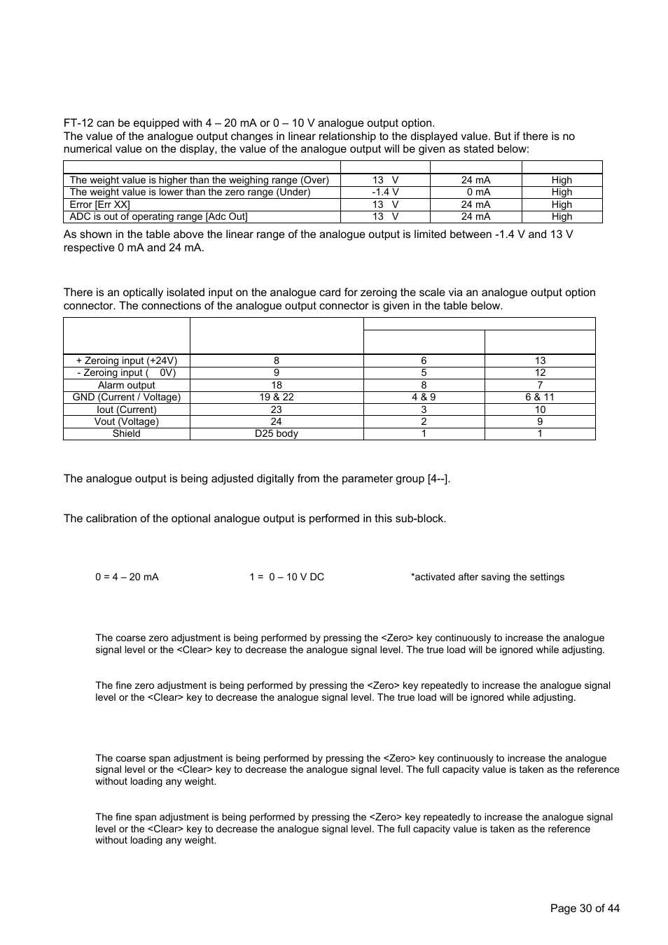 10 o, I/o o, 1 analogue output option | ] analogue output block, ] signal selection, ] zero adjustment (signal level at load = 0 kg), ] span adjustment (signal level at maximum load), Ther, Ptions, 1 electrical connections | Flintec FT-12 Manual User Manual | Page 30 / 44