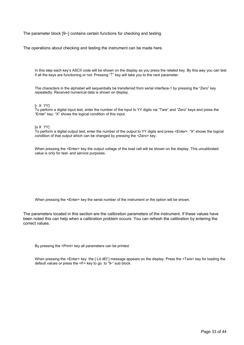 11 d, ] diagnostics, ] tests | ] serial numbers, ] calibration coefficients, ] printing parameter values | Flintec FT-12 Manual User Manual | Page 33 / 44