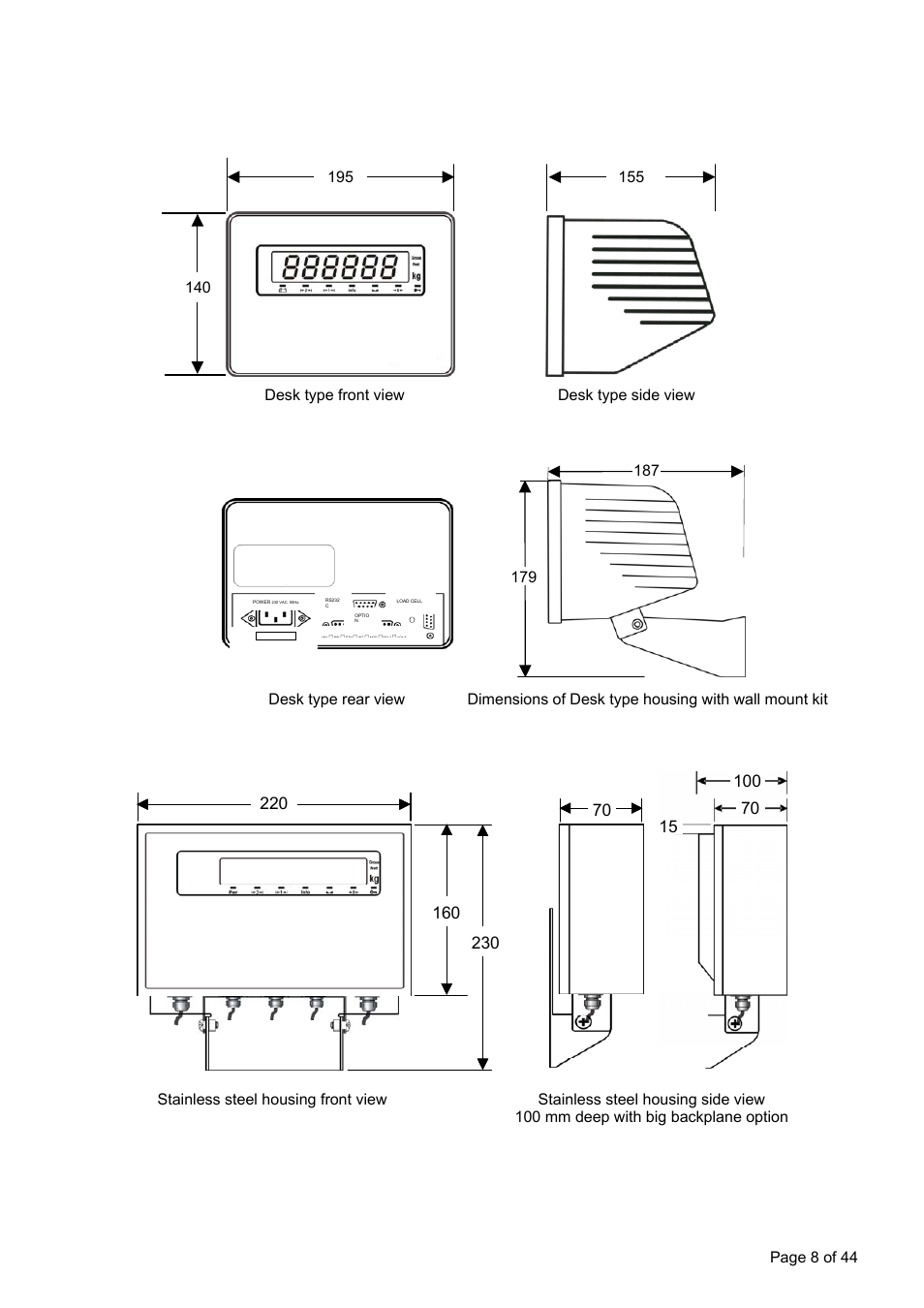 4 housing dimensions, 1 desk type housing, 2 stainless steel housing | Flintec FT-12 Manual User Manual | Page 8 / 44