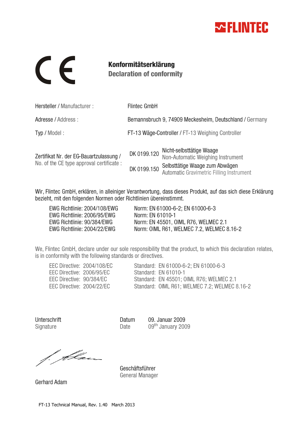 Declaration of conformity | Flintec FT-13 User Manual | Page 5 / 56